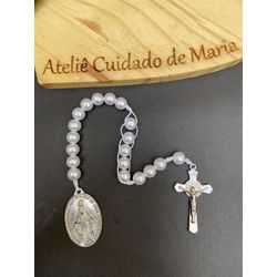 Terço Compacto - Medalha Milagrosa - Branco e prat... - Cuidado de Maria