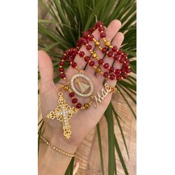 Terço Nossa Senhora Cravejada - Vermelho - 10101 - Cuidado de Maria