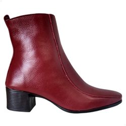 Bota Feminina cano baixo Couro Legítimo Vermelho Salto zíper