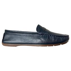Mocassim Feminino Couro Azul Marinho Pesponto
