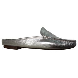 Mocassim Mule Feminino Couro Prata Pesponto
