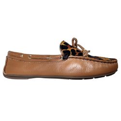 Sapato Mocassim Feminino Couro Legítimo Capuccino / Animal Print Laço pesponto