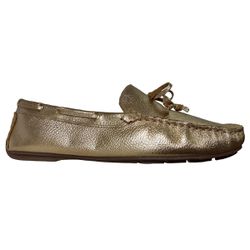 Sapato Mocassim Feminino Couro Legítimo Ouro Branco Laço pesponto