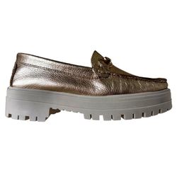 Sapato Mocassim Feminino Couro Ouro Sola Alta