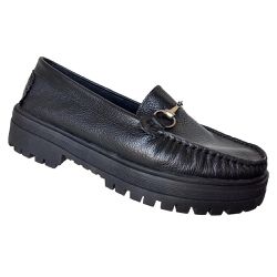 Mocassim Feminino em Couro Preto Sola Alta