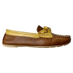 Mocassim Feminino em Couro Caramelo e Amarelo