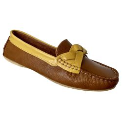 Mocassim Feminino em Couro Caramelo e Amarelo