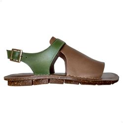 Sandália Rasteira Feminina Couro Legítimo Marrom / Verde Fivela