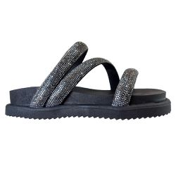 Sandália feminina tiras sintético Preto e Onix strass