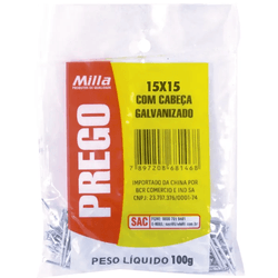 Prego Galvanizado 15x15 100g Com Cabeça Milla - Degraus Materiais de Construção