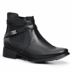 Bota Feminina Cano Curto Couro Legítimo Nobre Elástico Fivela Preto - KRN SHOES | Calçados Casuais