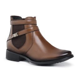 Bota Feminina Cano Curto Couro Legítimo Nobre Elástico Fivela Tabaco - KRN SHOES | Calçados Casuais