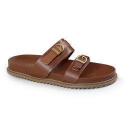 Sandália Papete Feminina com Fivelas Sola Baixa Sintético Caramelo - KRN SHOES | Calçados Casuais