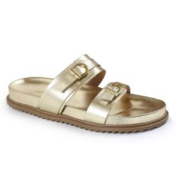 Sandália Papete Feminina com Fivelas Sola Baixa Sintético Dourado - KRN SHOES | Calçados Casuais