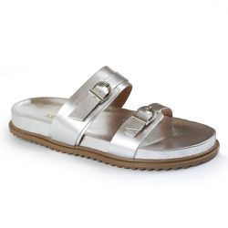 Sandália Papete Feminina com Fivelas Sola Baixa Sintético Prata - KRN SHOES | Calçados Casuais