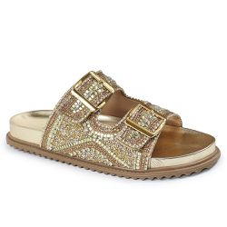 Sandália Papete Feminina Sola Baixa com Pedrarias Sintético Dourado - KRN SHOES | Calçados Casuais