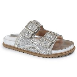 Sandália Papete Feminina Sola Baixa com Pedrarias Sintético Prata - KRN SHOES | Calçados Casuais