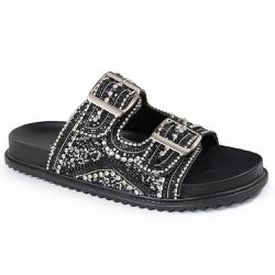 Sandália Papete Feminina Sola Baixa com Pedrarias Sintético Preto - KRN SHOES | Calçados Casuais