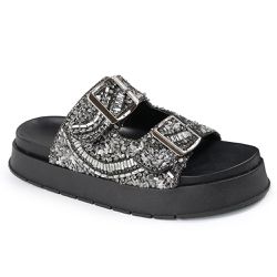 Sandália Papete Feminina Sola Alta com Pedrarias Sintético Preto - KRN SHOES | Calçados Casuais