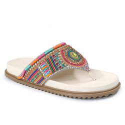 Sandália Papete Feminina Sola Baixa de Dedo com Pedrarias Sintético Colorido - KRN SHOES | Calçados Casuais