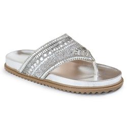 Sandália Papete Feminina Sola Baixa de Dedo com Pedrarias Sintético Prata - KRN SHOES | Calçados Casuais
