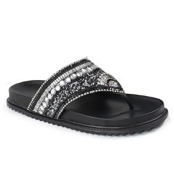 Sandália Papete Feminina Sola Baixa de Dedo com Pedrarias Sintético Preto - KRN SHOES | Calçados Casuais