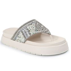 Sandália Papete Feminina Sola Alta de Dedo com Pedrarias Sintético Prata - KRN SHOES | Calçados Casuais