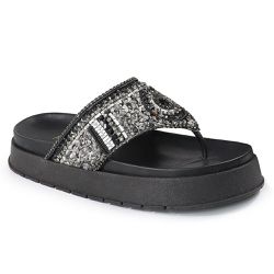 Sandália Papete Feminina Sola Alta de Dedo com Pedrarias Sintético Preto - KRN SHOES | Calçados Casuais