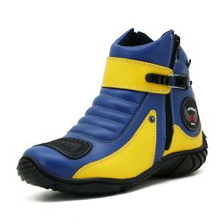 Bota Motociclista Cano Curto Couro Legítimo Azul e Amarelo - KRN SHOES | Calçados Casuais