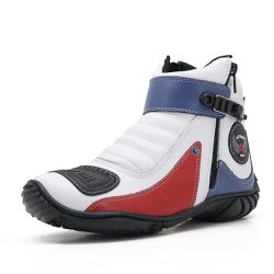 Bota Motociclista Cano Curto Couro Legítimo Branco Vermelho Azul - KRN SHOES | Calçados Casuais