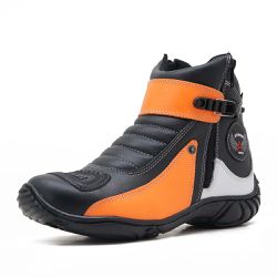 Bota Motociclista Cano Curto Couro Legítimo Preto Branco Laranja - KRN SHOES | Calçados Casuais