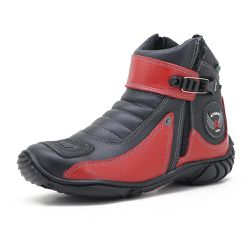 Bota Motociclista Cano Curto Couro Legítimo Preto e Vermelho - KRN SHOES | Calçados Casuais