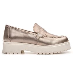 Sapato Mocassim Feminino Tratorado Couro Floater Dourado Metalizado - KRN SHOES | Calçados Casuais