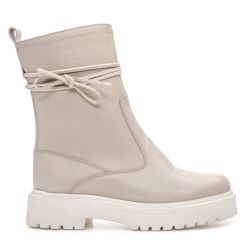 Bota Coturno Feminino Lara Tratorado Zíper Couro Floater Off White - KRN SHOES | Calçados Casuais