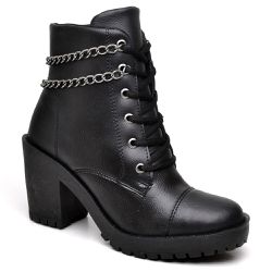 Coturno Casual Feminino Sintético Zíper Cadarço Corrente Grafite Preto - KRN SHOES | Calçados Casuais