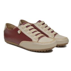 Sapatênis Feminino Em Elástico Couro Legítimo Bordô com Bege - KRN SHOES | Calçados Casuais