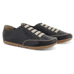 Sapatênis Feminino Em Elástico Couro Legítimo Preto e Bege - KRN SHOES | Calçados Casuais