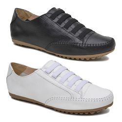 Kit 02 Sapatênis Feminino Em Elástico Couro Legítimo Branco e Preto - KRN SHOES | Calçados Casuais