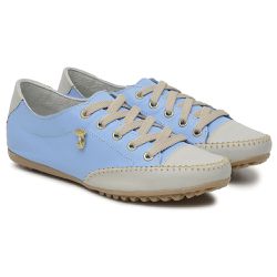 Sapatênis Feminino Cadarço Couro Legítimo Azul Bebê com Bege - KRN SHOES | Calçados Casuais