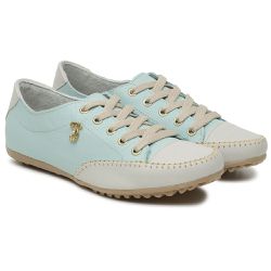 Sapatênis Feminino Cadarço Couro Legítimo Verde Claro com Bege - KRN SHOES | Calçados Casuais