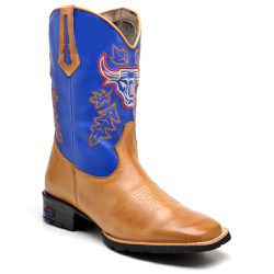 Bota Texana Masculina Cano Longo Bico Quadrado Whisky e Azul - KRN SHOES | Calçados Casuais