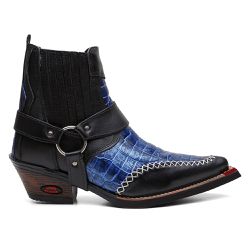 Bota Country Masculina Couro Legítimo Semi-Cromo Preto e Azul Metalizado - KRN SHOES | Calçados Casuais