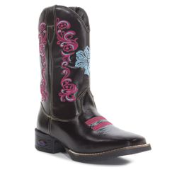 Bota Texana Feminina Cano Alto Café Bordado Rosa - KRN SHOES | Calçados Casuais