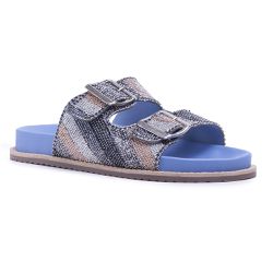 Sandália Rasteira Feminina Birken Pedraria Strass Napa Azul Hidra - KRN SHOES | Calçados Casuais