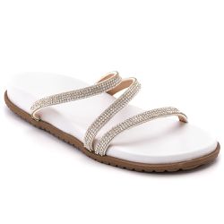 Chinela Feminina Rasteira Pedraria Napa Branca - KRN SHOES | Calçados Casuais