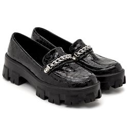 Sapato Mocassim Feminino Oxford Tratorado Craquelê Verniz Preto - KRN SHOES | Calçados Casuais