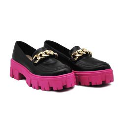 Sapato Mocassim Feminino Oxford Tratorado Napa Preta e Pink - KRN SHOES | Calçados Casuais
