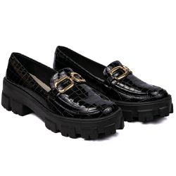 Sapato Mocassim Feminino Oxford Tratorado Croco Verniz Preto - KRN SHOES | Calçados Casuais