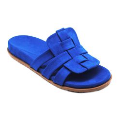 Papete Feminina Rasteira com Tiras Entrelaçadas Camurça Azul Bic - KRN SHOES | Calçados Casuais