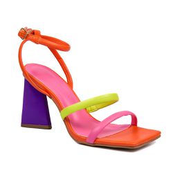 Sandália Feminina Salto Triangular Napa Laranja e Colorida - KRN SHOES | Calçados Casuais